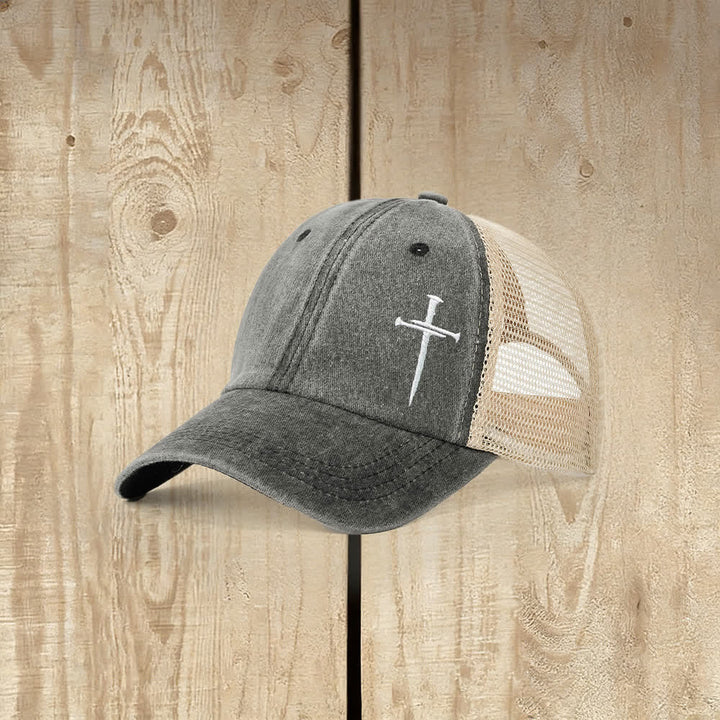 Christianartworkshop Nail Cross Embroidered Washed Trucker Hat - Black - image 0