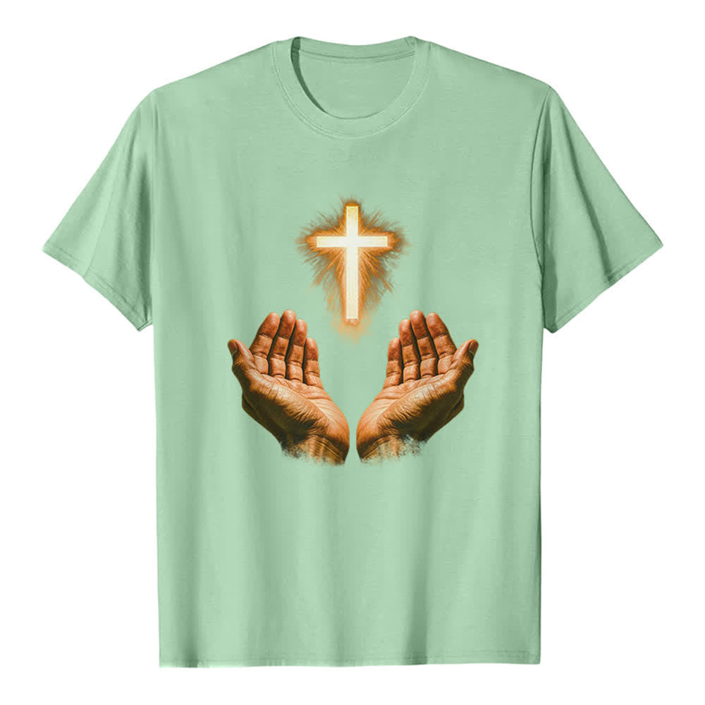 Christianartworkshop Jesus Cross In Hands Premium T-Shirt - Light Green - 2XL - image 2