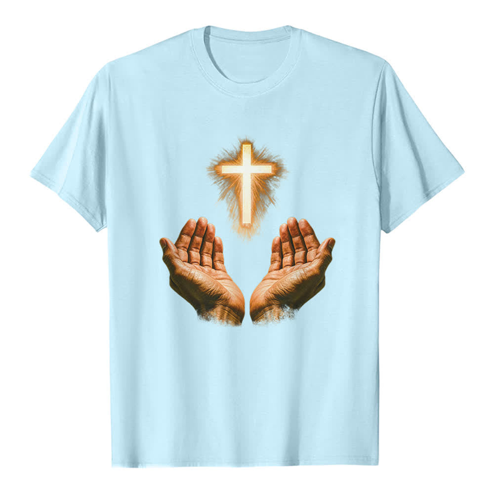 Christianartworkshop Jesus Cross In Hands Premium T-Shirt - Blue - 2XL - image 4
