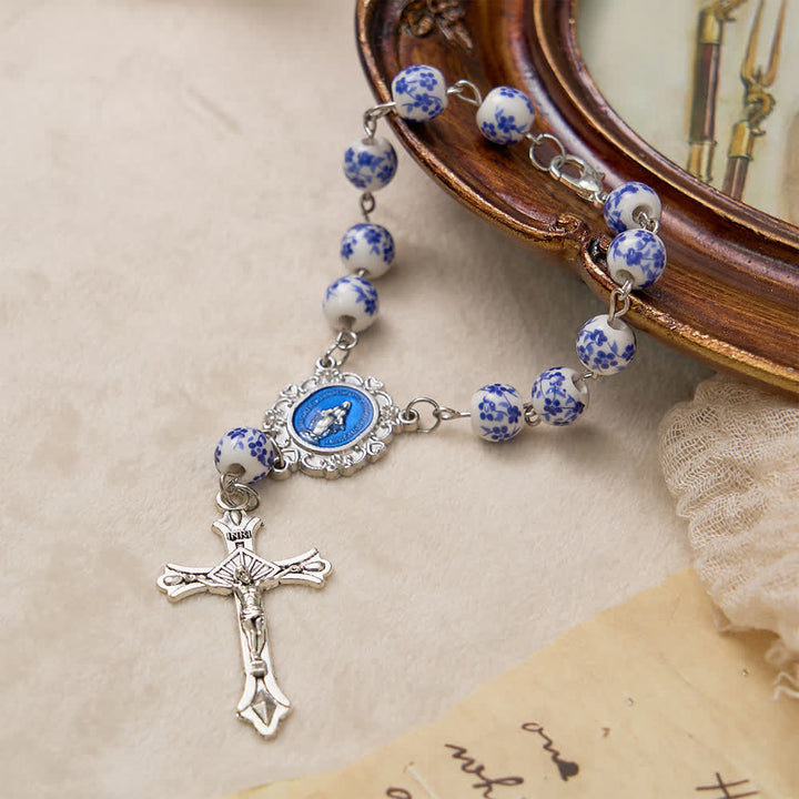 FREE Today: Blue Flower Ceramic Auto Rosary: A Symbol of Marian Protection for Car - image 2