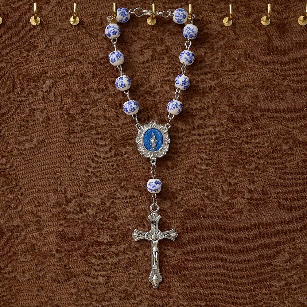 Christianartworkshop Blue Flower Ceramic Auto Rosary: A Symbol of Marian Protection for Car - image 1