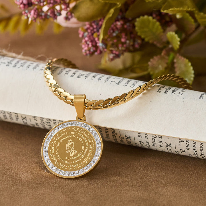 Christianartworkshop Zircon-Framed Praying Hands Scripture Necklace: Emblem of Divine Humility - Golden - image 0