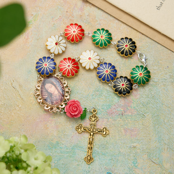 Christianartworkshop Enamel Floral with Rose Accent Our Lady Medal Rosary Bracelet: A Symbol of Maternal Intercession - Our Lady & Crucifix - image 0