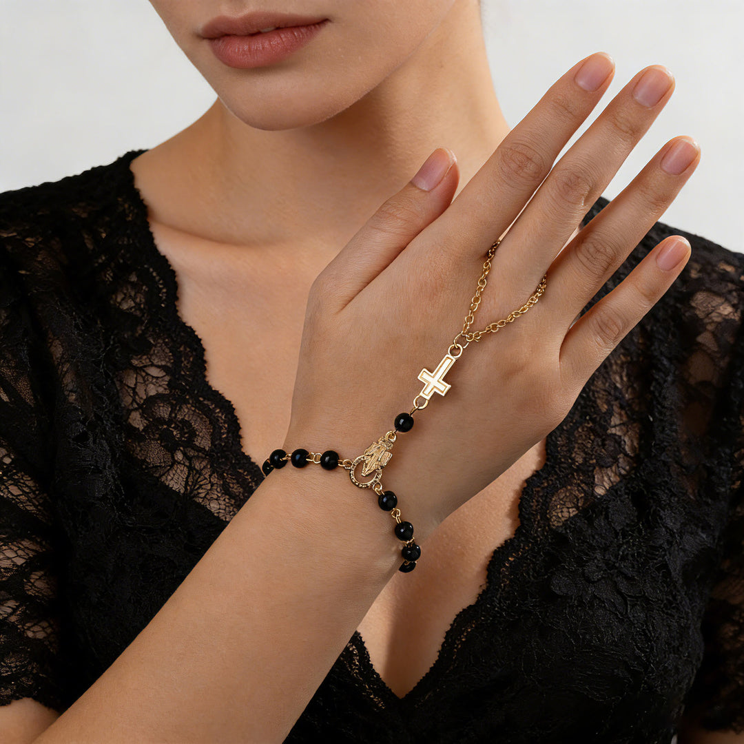 Christianartworkshop Gemstone Bead Crucifix Finger Chain Rosary Bracelet: Emblem of Divine Devotion & Elegance - Black B - image 6