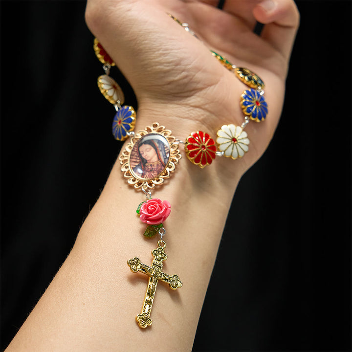 FREE Today: Enamel Floral with Rose Accent Our Lady Medal Rosary Bracelet: A Symbol of Maternal Intercession - image 1