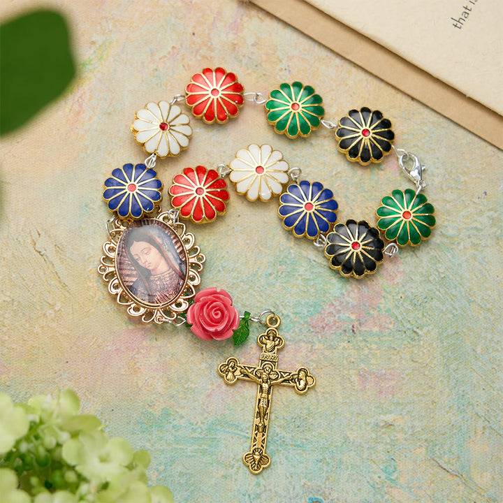 FREE Today: Enamel Floral with Rose Accent Our Lady Medal Rosary Bracelet: A Symbol of Maternal Intercession - Our Lady & Crucifix - image 0