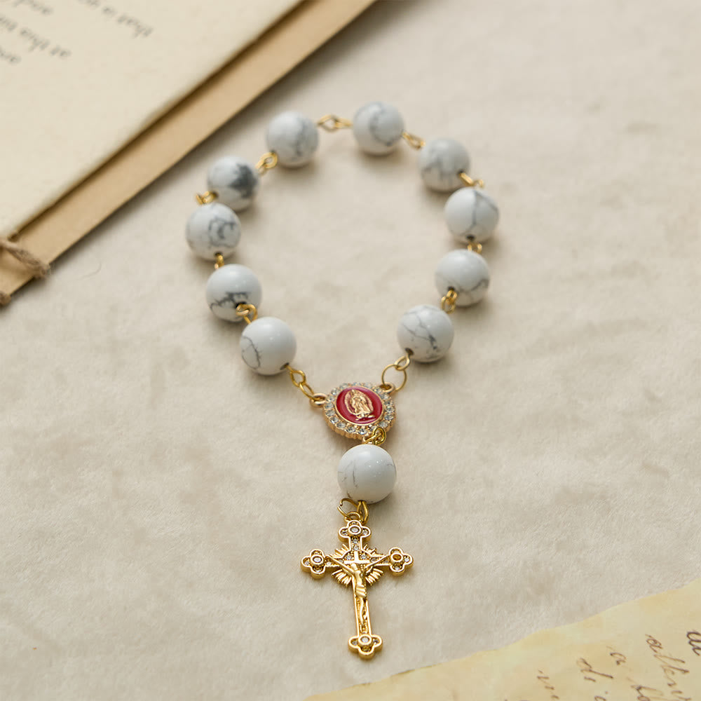Christianartworkshop Howlite Bead Pocket Rosary with Red Enamel Our Lady Medal & Golden Crucifix - image 3