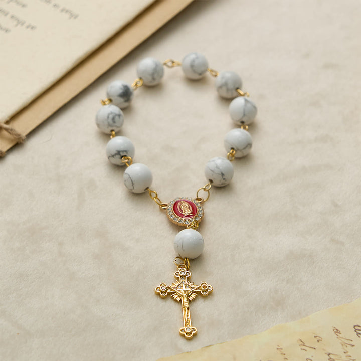 Christianartworkshop Howlite Bead Pocket Rosary with Red Enamel Our Lady Medal & Golden Crucifix - image 3