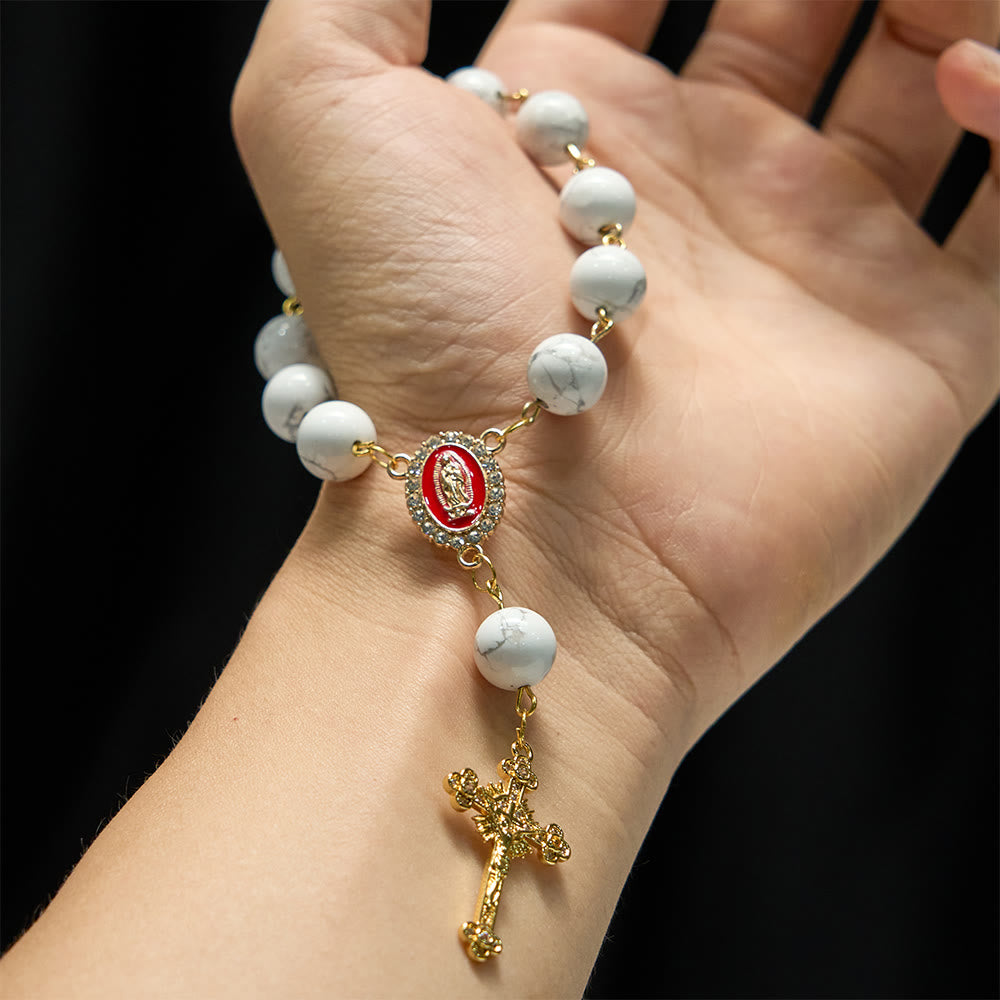 Christianartworkshop Howlite Bead Pocket Rosary with Red Enamel Our Lady Medal & Golden Crucifix - image 1