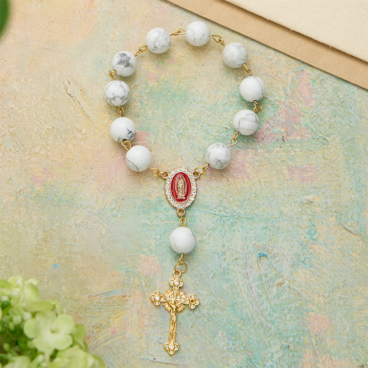 Christianartworkshop Howlite Bead Pocket Rosary with Red Enamel Our Lady Medal & Golden Crucifix - Our Lady & Crucifix - image 0