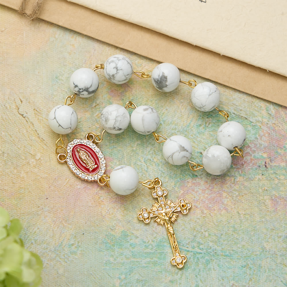 Christianartworkshop Howlite Bead Pocket Rosary with Red Enamel Our Lady Medal & Golden Crucifix - image 4