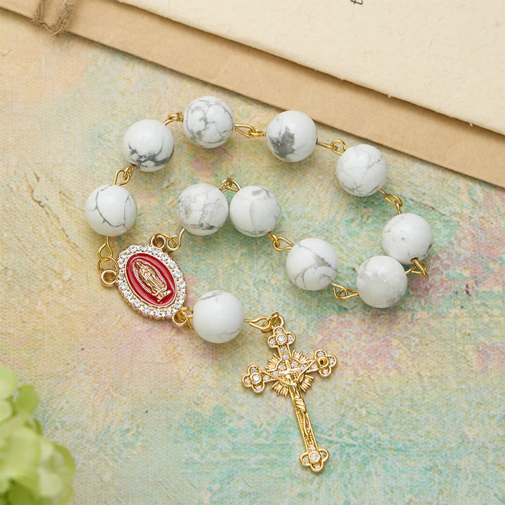 Christianartworkshop Howlite Bead Pocket Rosary with Red Enamel Our Lady Medal & Golden Crucifix - image 4