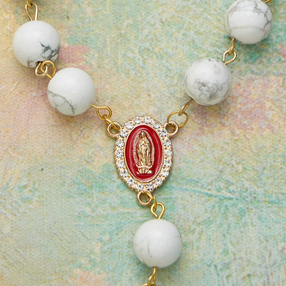 Christianartworkshop Howlite Bead Pocket Rosary with Red Enamel Our Lady Medal & Golden Crucifix - image 6