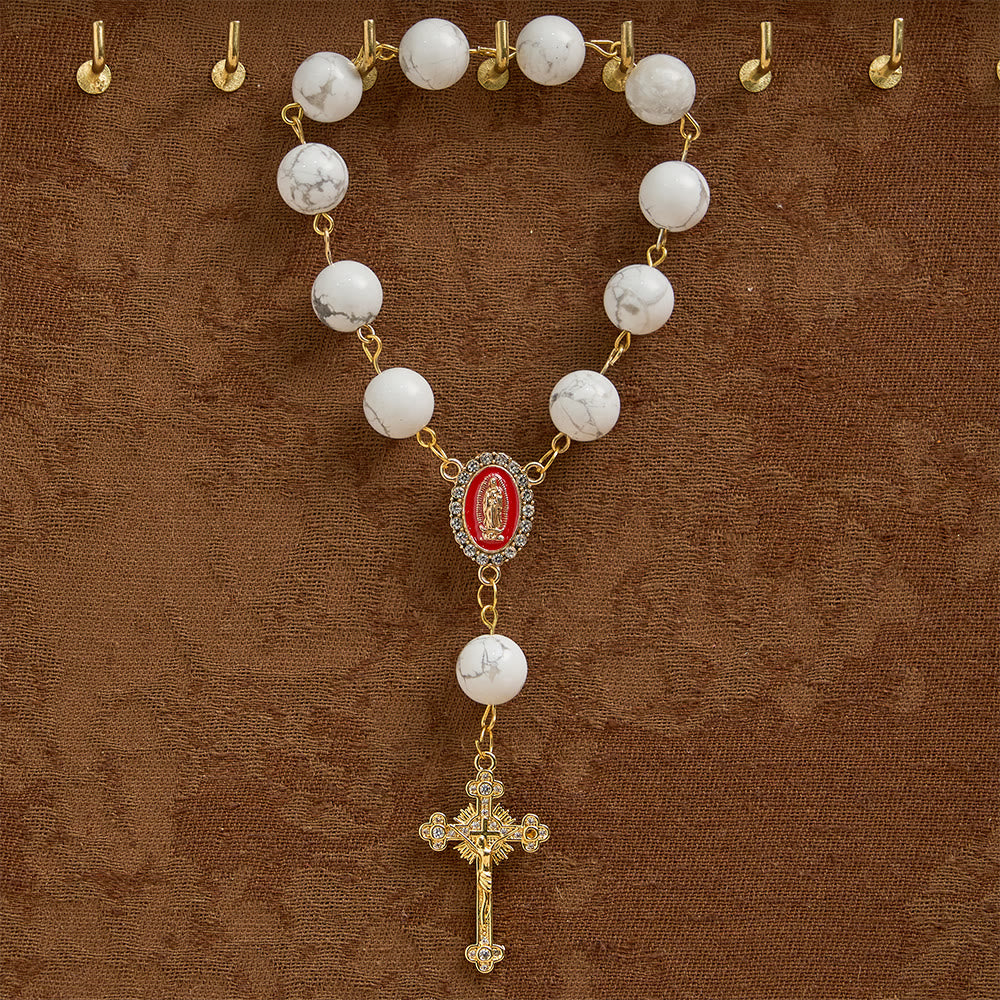 Christianartworkshop Howlite Bead Pocket Rosary with Red Enamel Our Lady Medal & Golden Crucifix - image 2