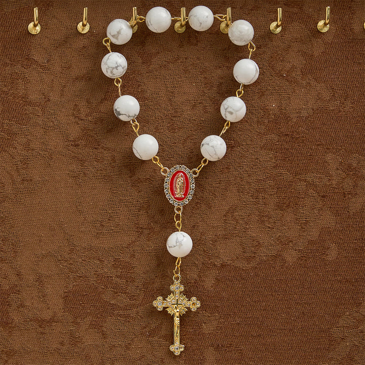 Christianartworkshop Howlite Bead Pocket Rosary with Red Enamel Our Lady Medal & Golden Crucifix - image 2