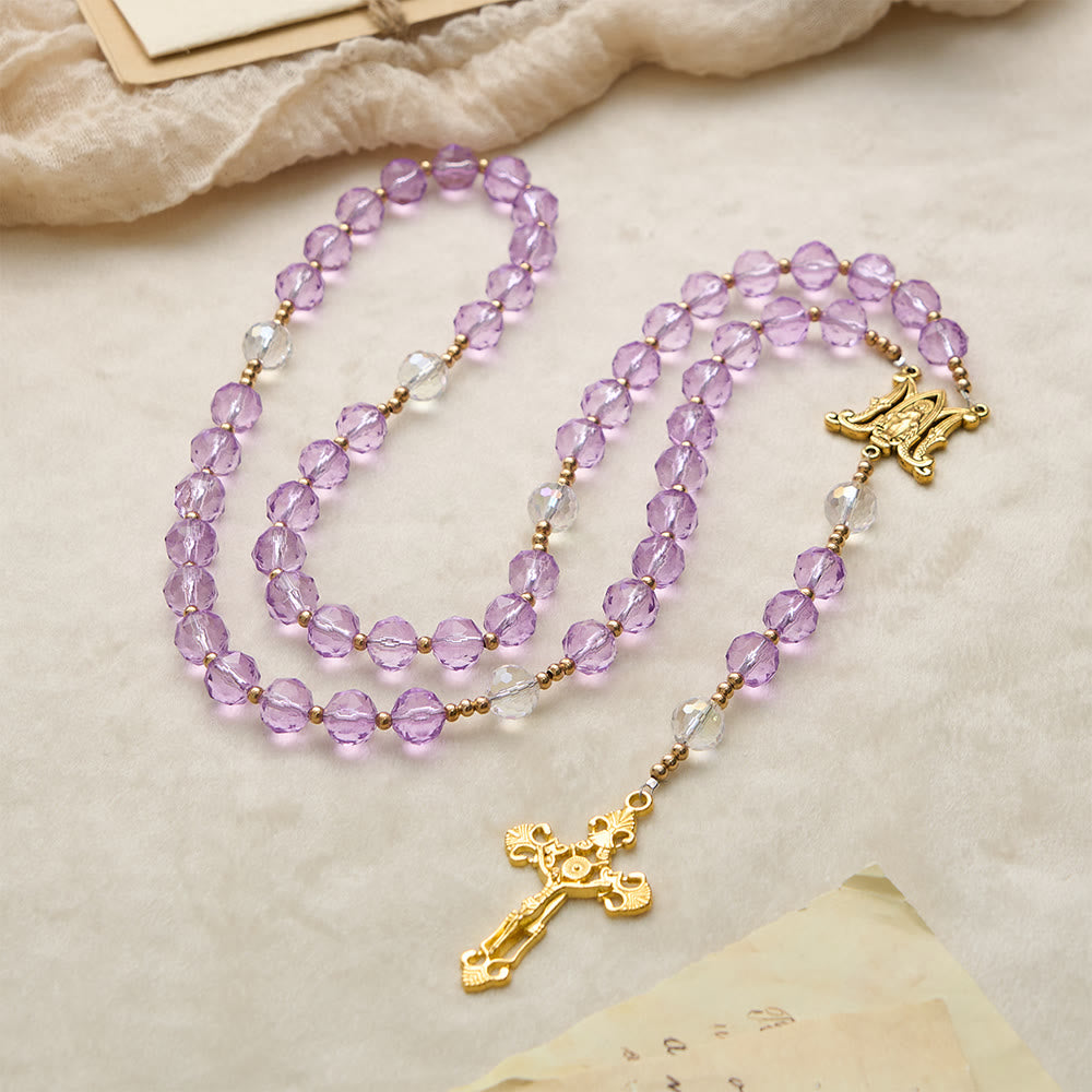 Christianartworkshop Faceted Purple Glass Rosary with Our Lady Medal: Emblem of Divine Light & Marian Grace - image 3