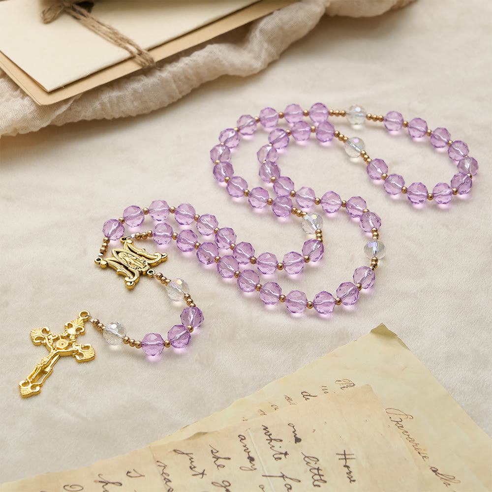 Christianartworkshop Faceted Purple Glass Rosary with Our Lady Medal: Emblem of Divine Light & Marian Grace - image 4