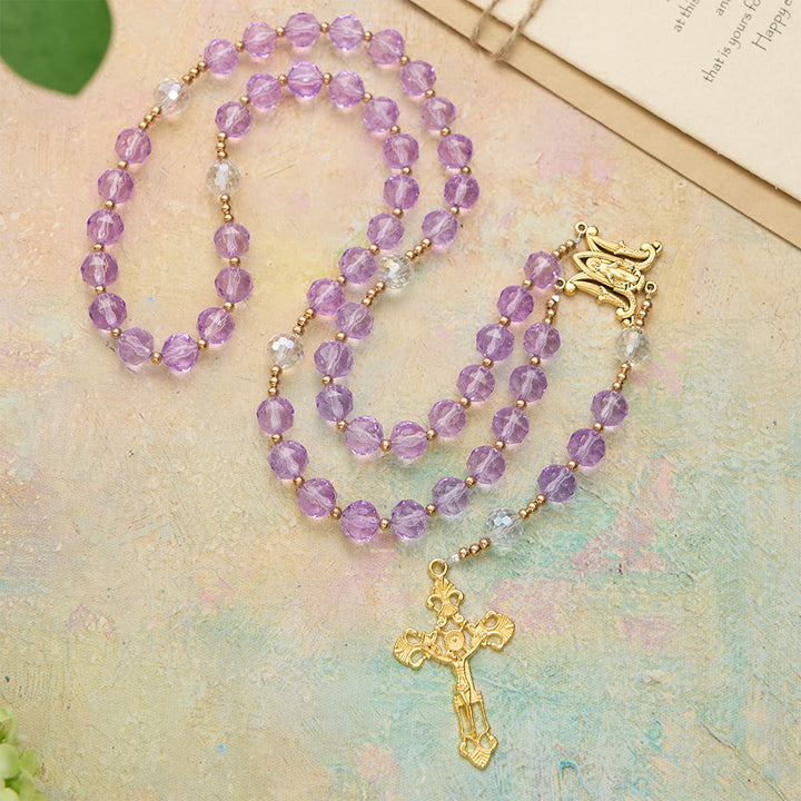 Christianartworkshop Faceted Purple Glass Rosary with Our Lady Medal: Emblem of Divine Light & Marian Grace - Our Lady & Crucifix - image 0