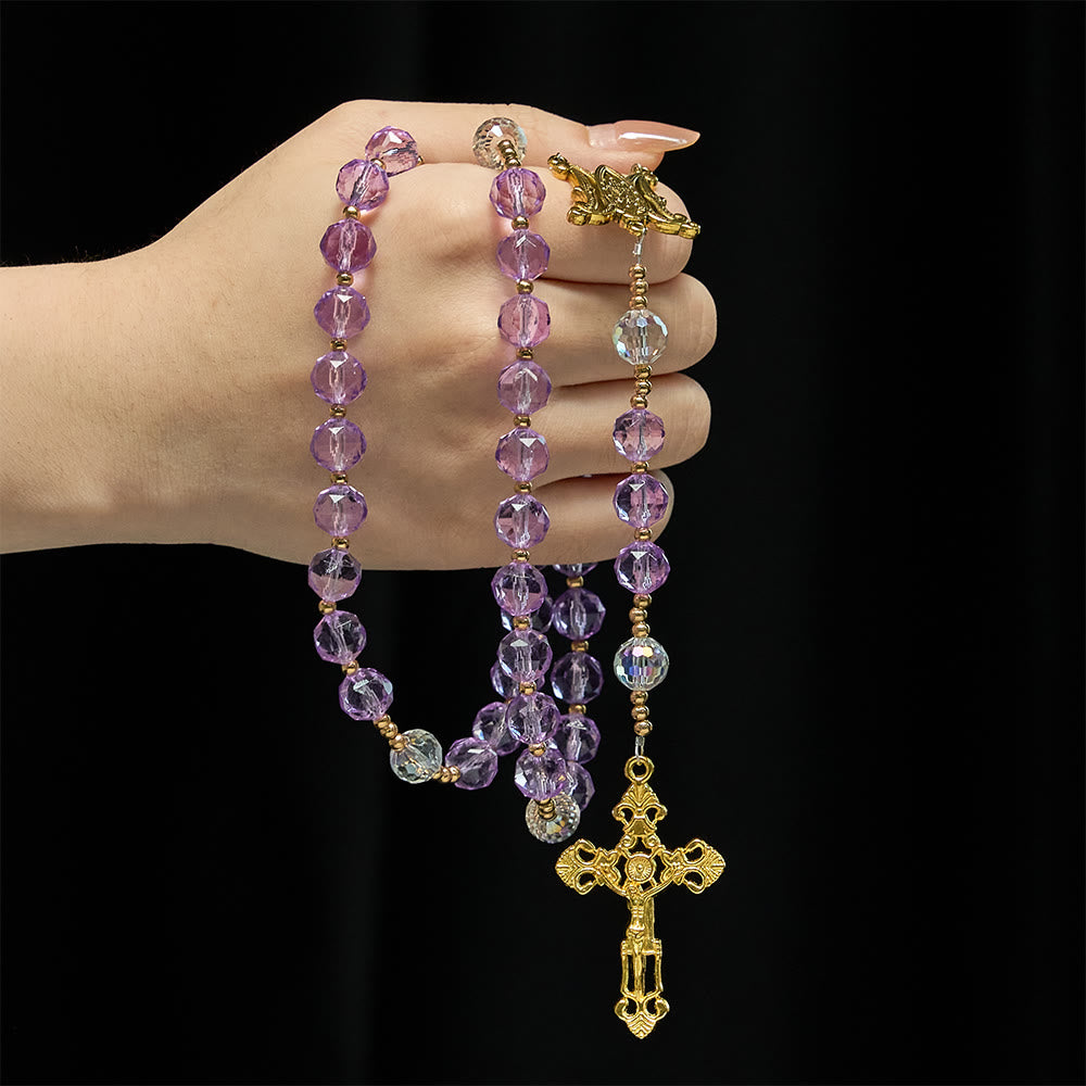 Christianartworkshop Faceted Purple Glass Rosary with Our Lady Medal: Emblem of Divine Light & Marian Grace - image 1