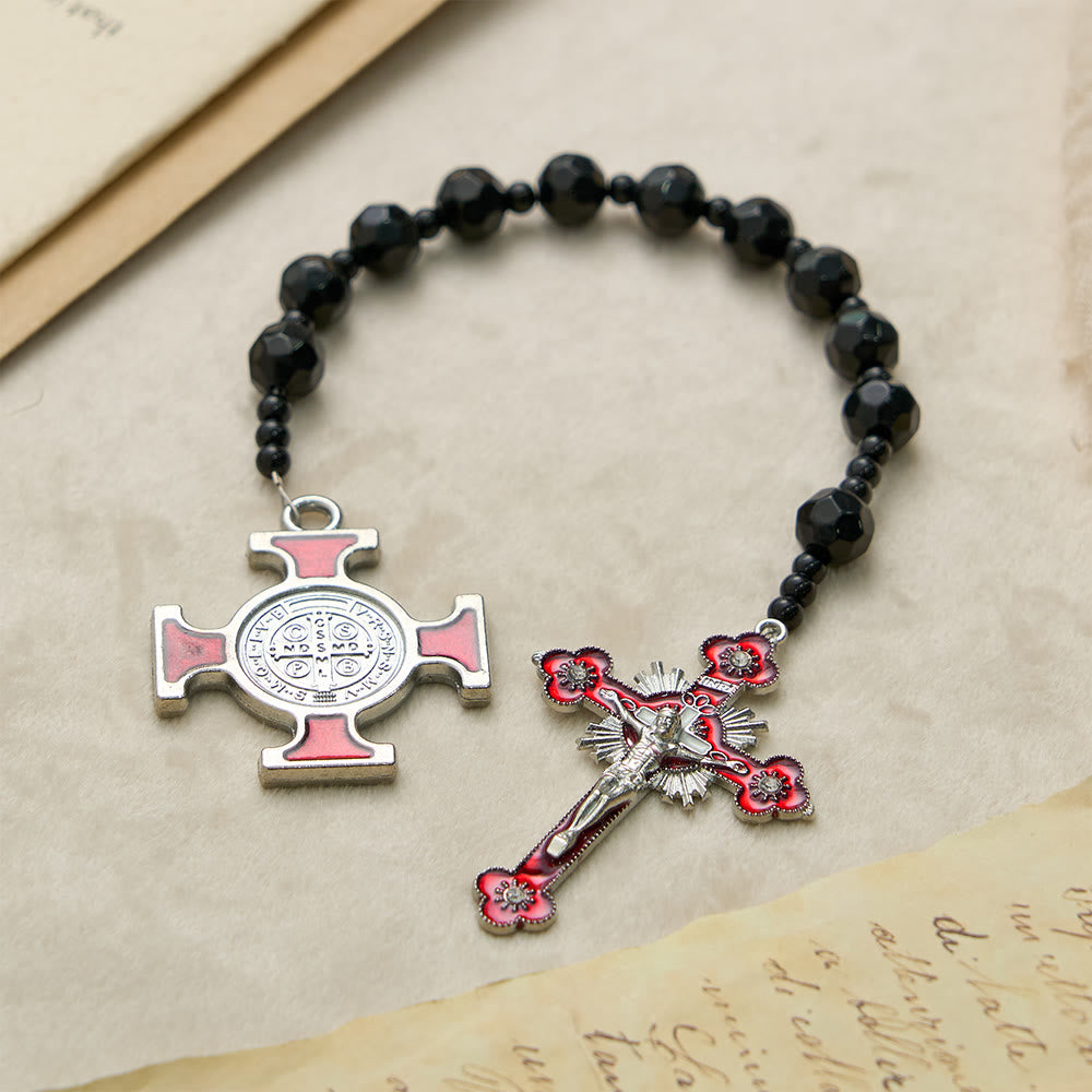 Christianartworkshop Black Faceted Glass St.Benedict Rosary: A Symbol of Heavenly Shielding - St.Benedict & Crucifix - image 0