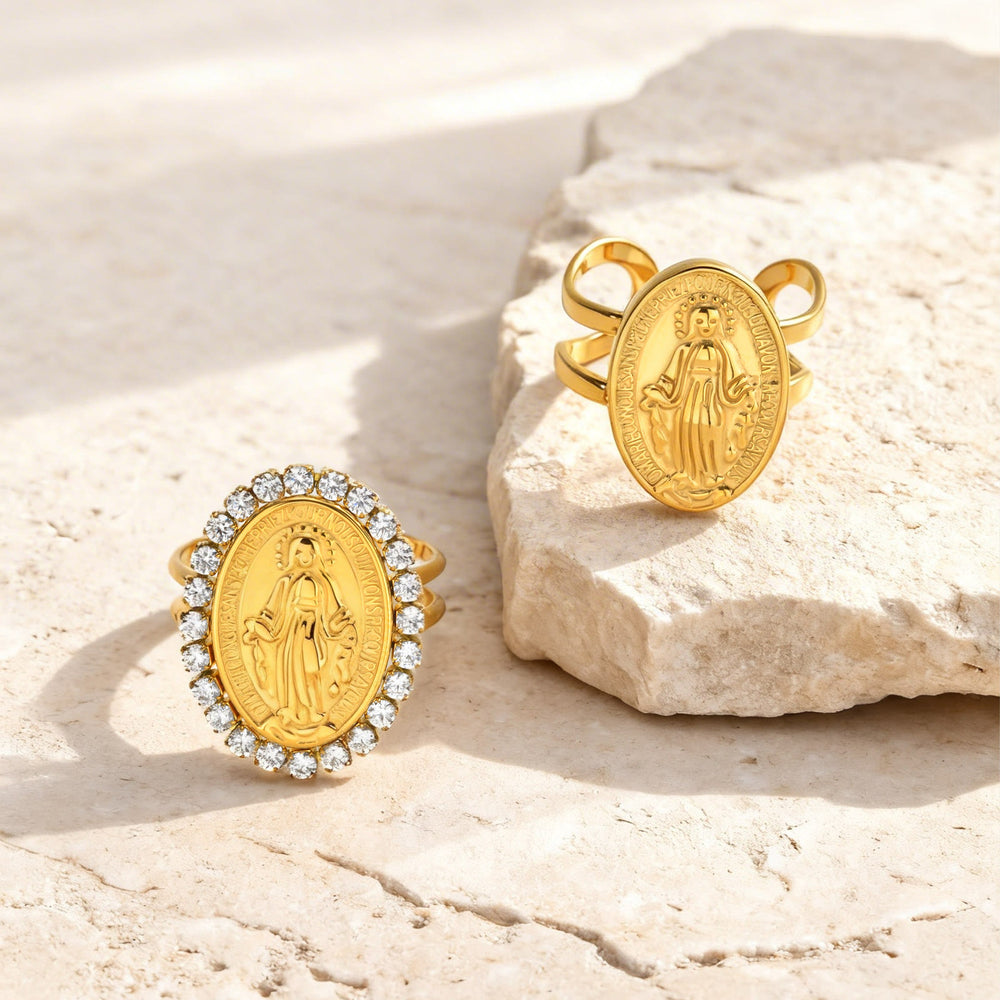 Christianartworkshop Our Lady Miraculous Medal CZ Halo Open Adjustable Faith Ring - image 1