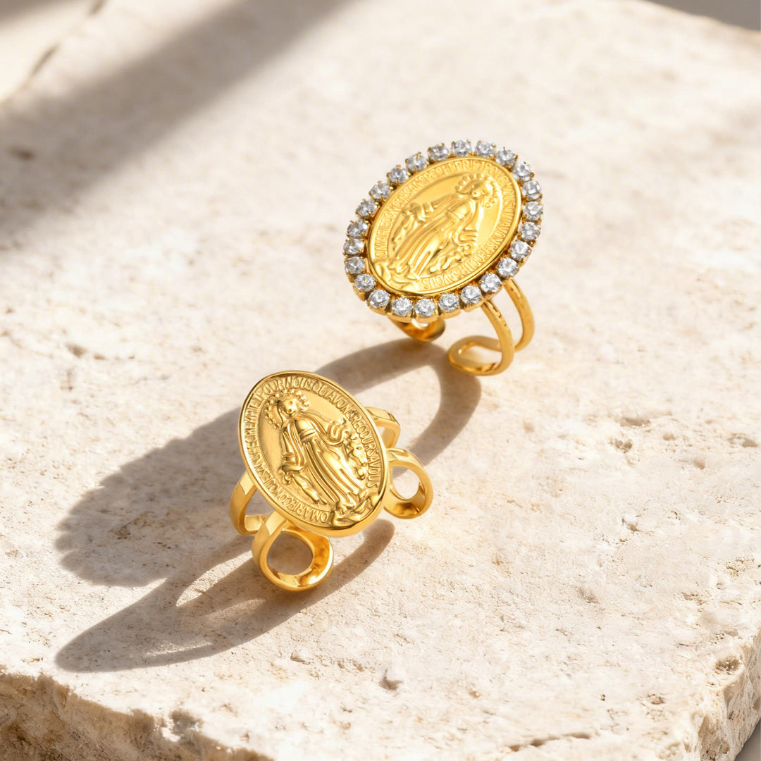Christianartworkshop Our Lady Miraculous Medal CZ Halo Open Adjustable Faith Ring - image 0