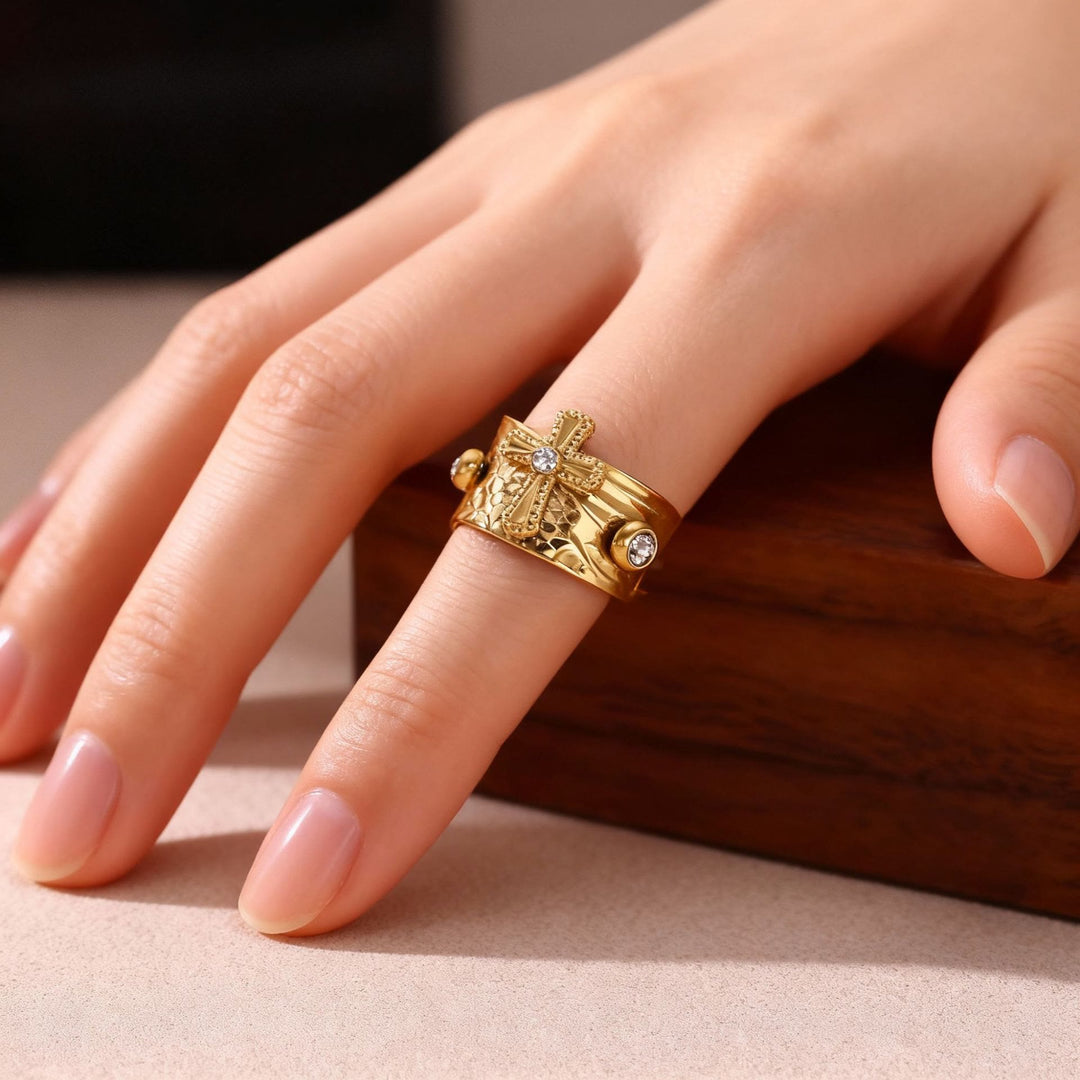 Christianartworkshop Redemption Cross CZ Embellished Wide Band Devotion Ring - image 1