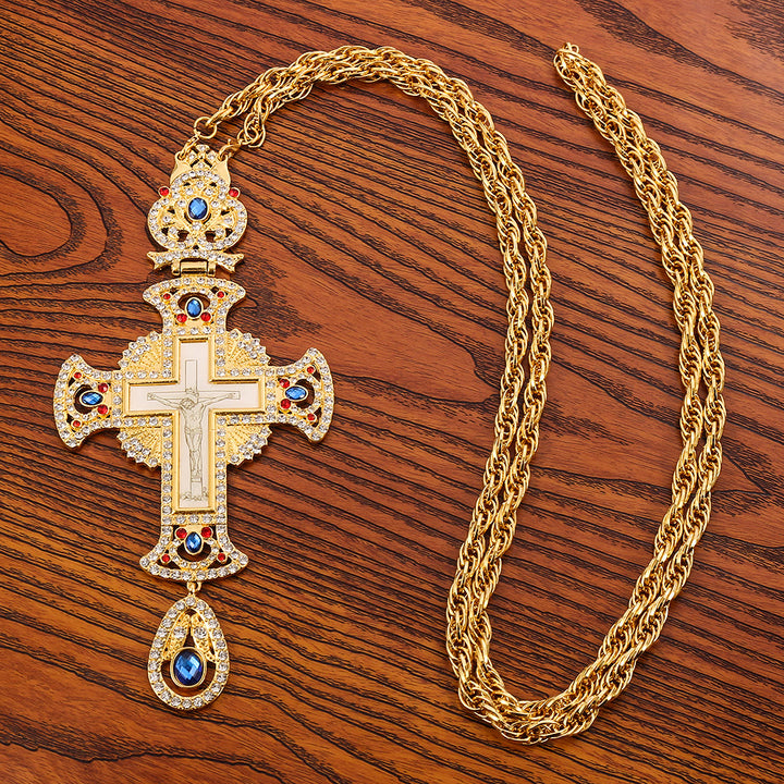Christianartworkshop Gem-Adorned Ornate Orthodox Cross Pendant Necklace: Emblem of Redemption & Divine Glory - image 1