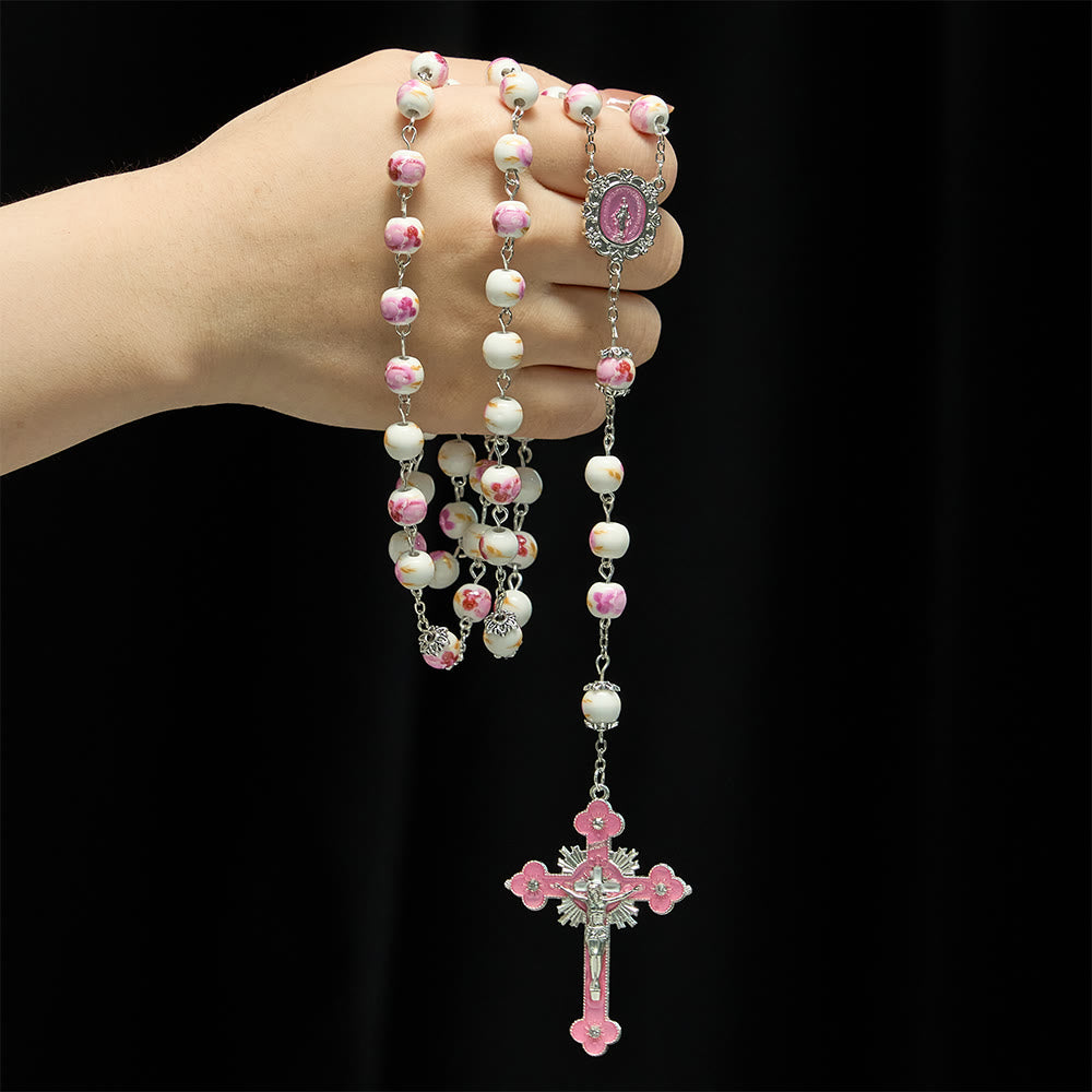 Christianartworkshop Floral Ceramic Bead Rosary with Enamel Our Lady Medal & Pink Crucifix - image 1