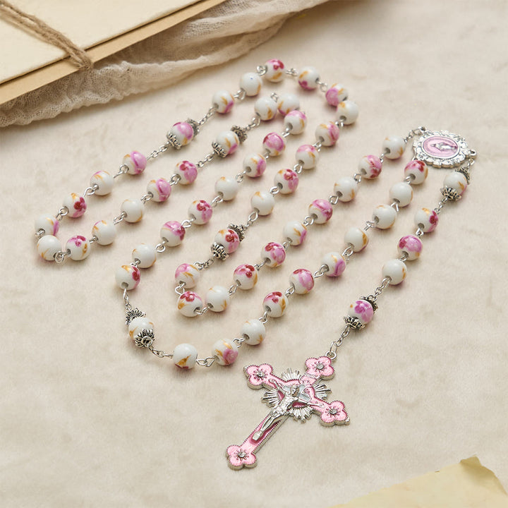 Christianartworkshop Floral Ceramic Bead Rosary with Enamel Our Lady Medal & Pink Crucifix - image 4