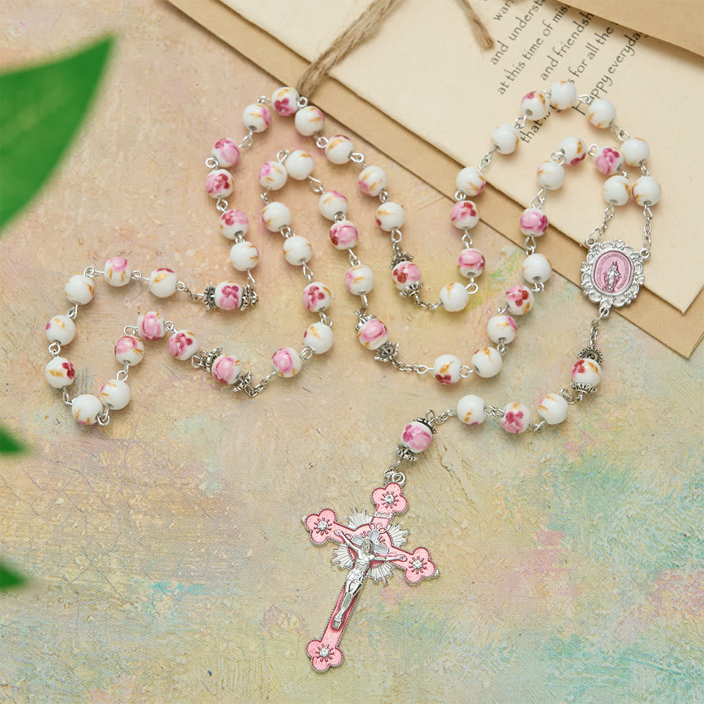 Christianartworkshop Floral Ceramic Bead Rosary with Enamel Our Lady Medal & Pink Crucifix - Our Lady & Crucifix - image 0