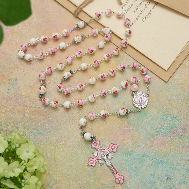 Christianartworkshop Floral Ceramic Bead Rosary with Enamel Our Lady Medal & Pink Crucifix - image 2