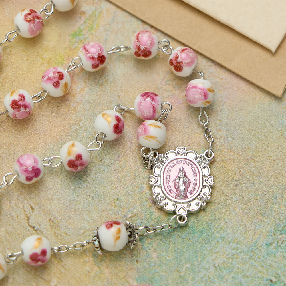 Christianartworkshop Floral Ceramic Bead Rosary with Enamel Our Lady Medal & Pink Crucifix - image 7