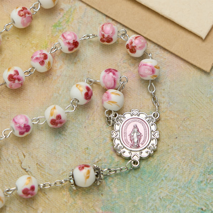 Christianartworkshop Floral Ceramic Bead Rosary with Enamel Our Lady Medal & Pink Crucifix - image 7