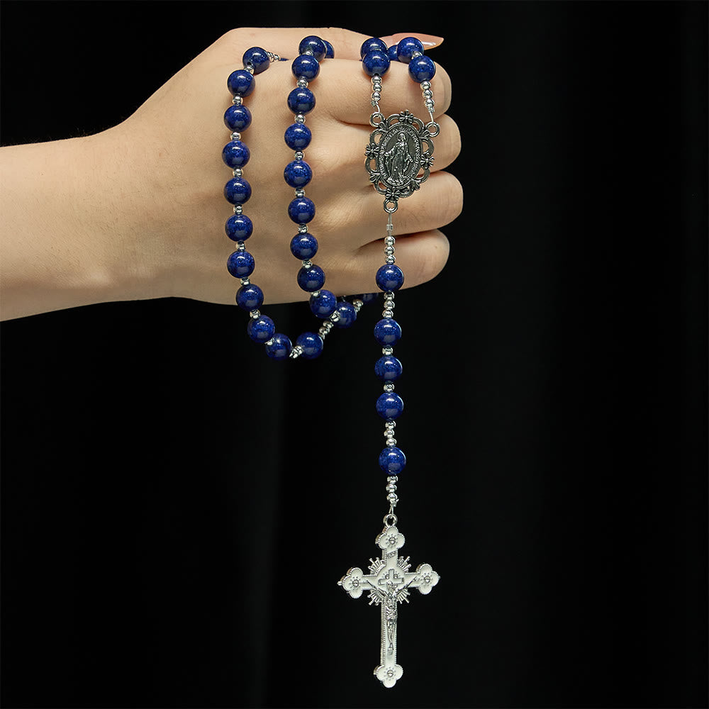 Christianartworkshop Lapis Lazuli Bead Rosary with Etched Crucifix: Emblem of Divine Wisdom & Marian Grace - image 1