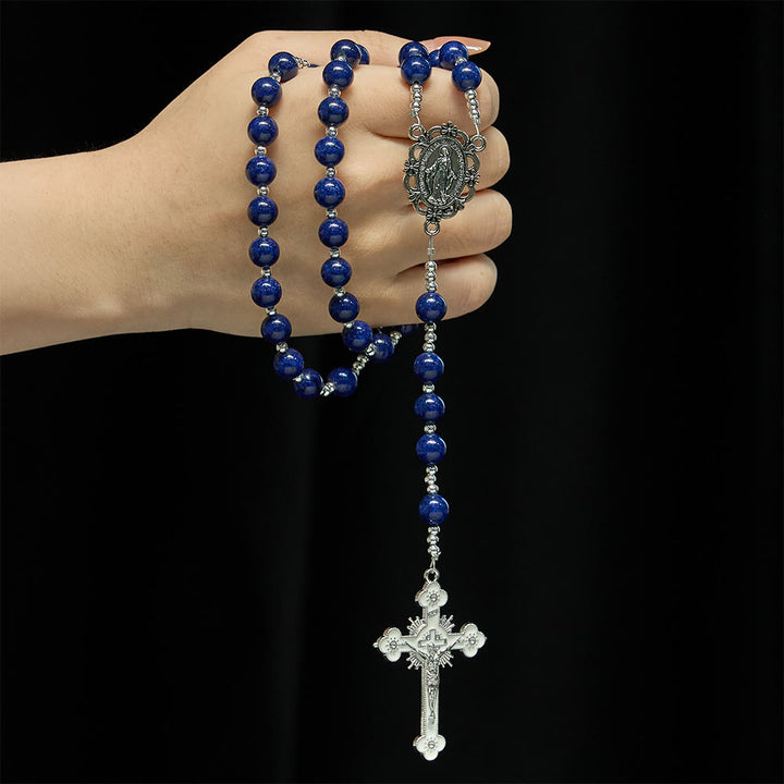 Christianartworkshop Lapis Lazuli Bead Rosary with Etched Crucifix: Emblem of Divine Wisdom & Marian Grace - image 1