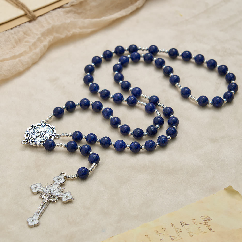 Christianartworkshop Lapis Lazuli Bead Rosary with Etched Crucifix: Emblem of Divine Wisdom & Marian Grace - image 3