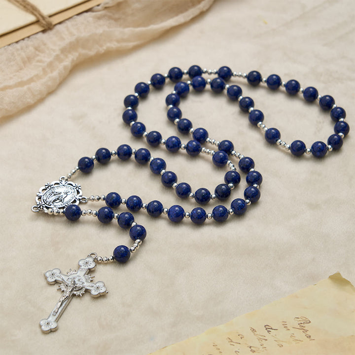 Christianartworkshop Lapis Lazuli Bead Rosary with Etched Crucifix: Emblem of Divine Wisdom & Marian Grace - image 3