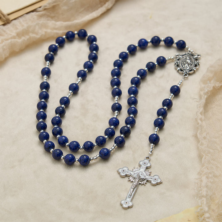 Christianartworkshop Lapis Lazuli Bead Rosary with Etched Crucifix: Emblem of Divine Wisdom & Marian Grace - image 4