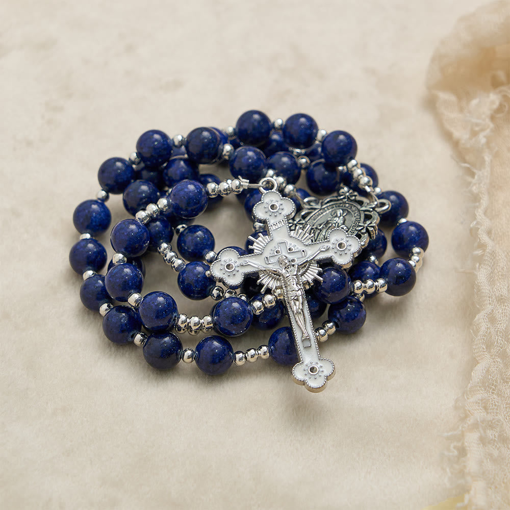Christianartworkshop Lapis Lazuli Bead Rosary with Etched Crucifix: Emblem of Divine Wisdom & Marian Grace - image 5
