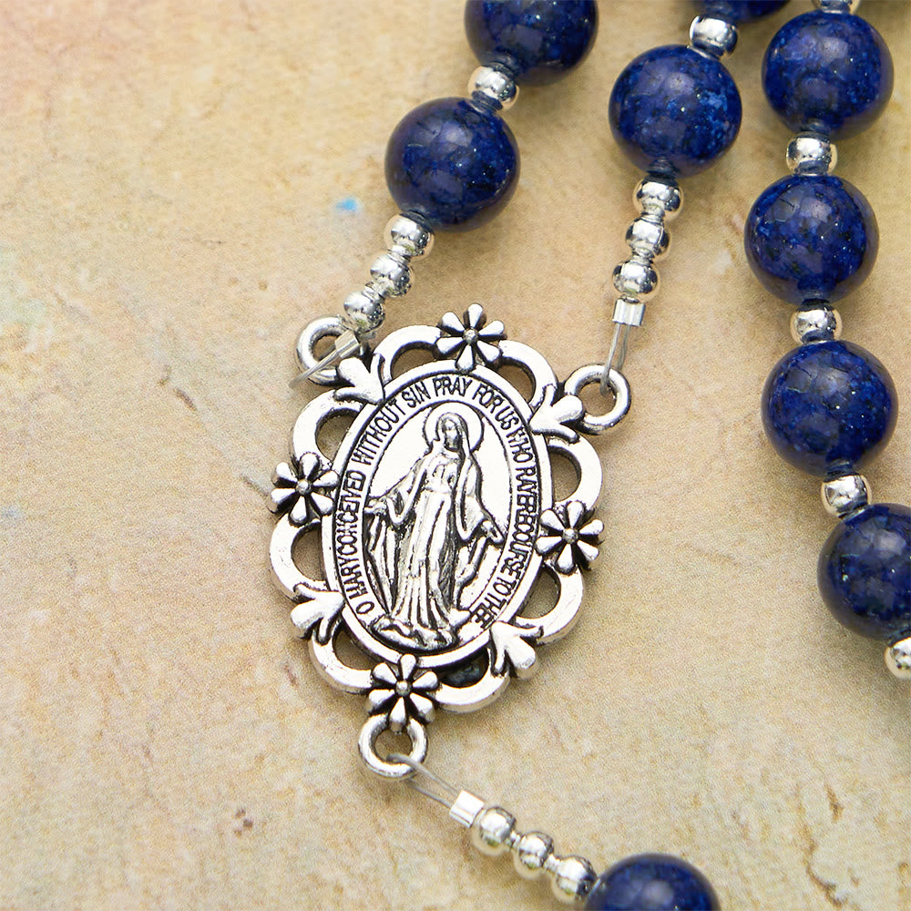 Christianartworkshop Lapis Lazuli Bead Rosary with Etched Crucifix: Emblem of Divine Wisdom & Marian Grace - image 7