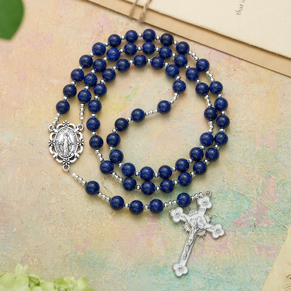 Christianartworkshop Lapis Lazuli Bead Rosary with Etched Crucifix: Emblem of Divine Wisdom & Marian Grace - Our Lady & Crucifix - image 0