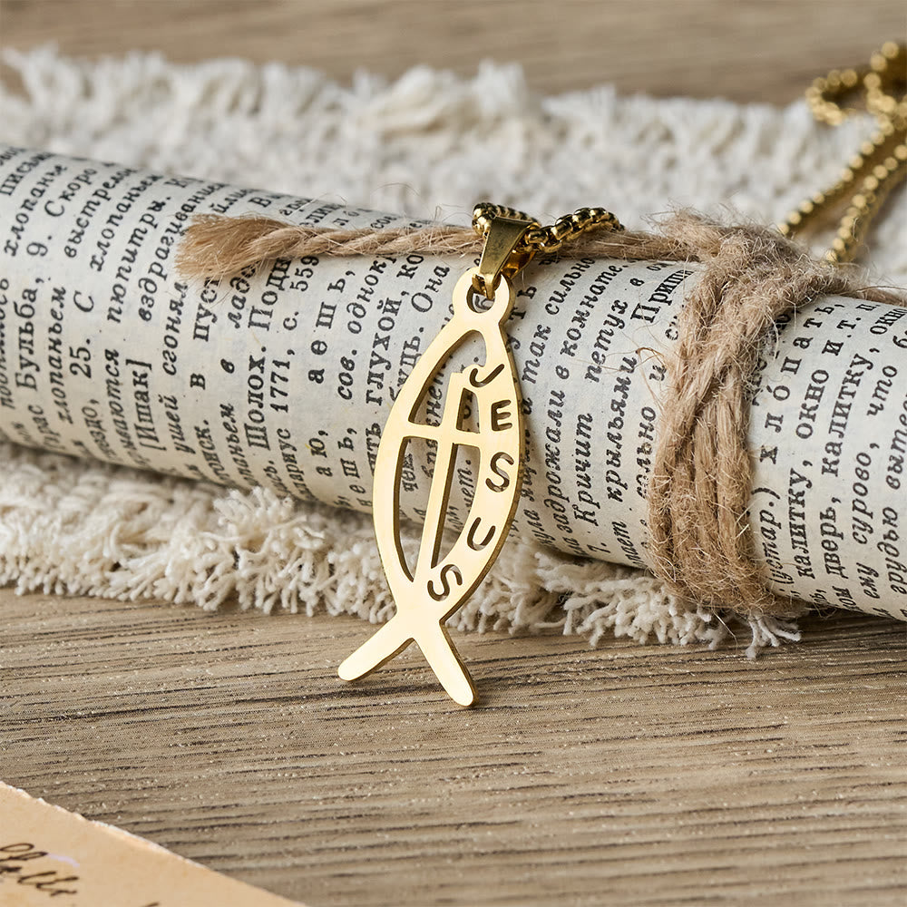 Christianartworkshop Modern Jesus Fish Ichthus Statement Necklace: Emblem Of Devotion & Spiritual Strength - Gold - image 0