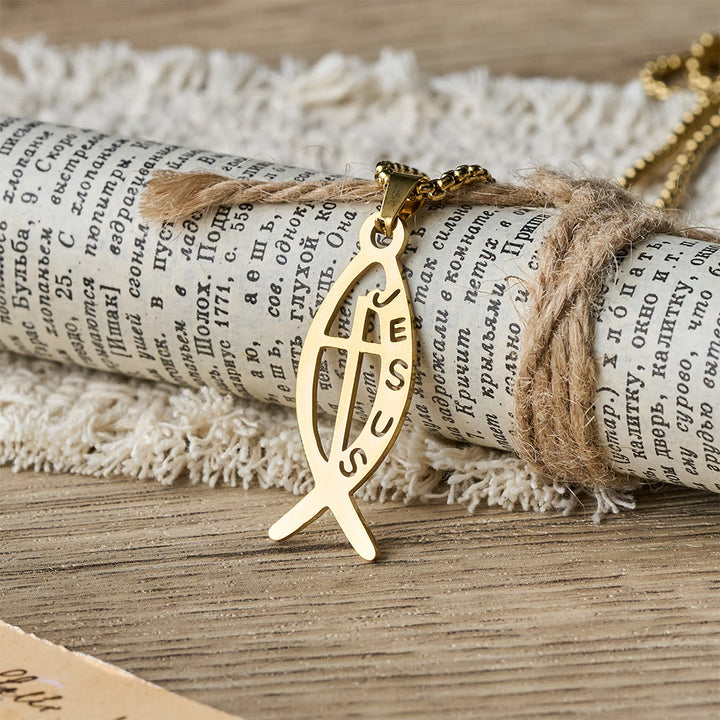 Christianartworkshop Modern Jesus Fish Ichthus Statement Necklace: Emblem Of Devotion & Spiritual Strength - Gold - image 0