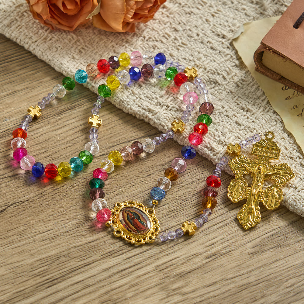 FREE Today: Multi-Color Flat Glass Bead Rosary: Emblem of Divine Grace & Diversity - Our Lady & Crucifix - image 0
