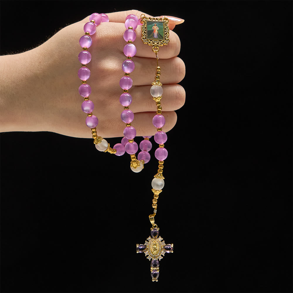Christianartworkshop Purple Cat’s Eye Bead Rosary with Ornate Crucifix: Emblem of Divine Guidance & Marian Grace - image 1