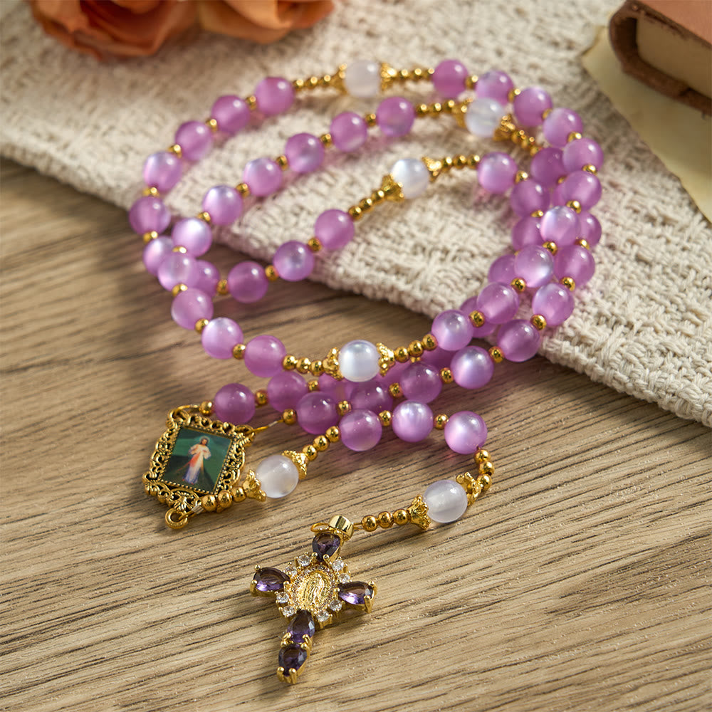 Christianartworkshop Purple Cat’s Eye Bead Rosary with Ornate Crucifix: Emblem of Divine Guidance & Marian Grace - Our Lady & Crucifix - image 0