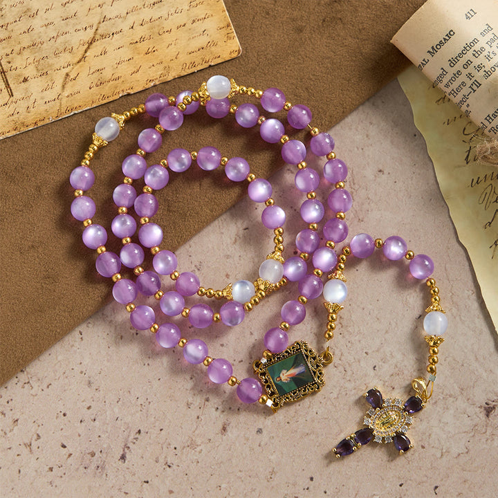 Christianartworkshop Purple Cat’s Eye Bead Rosary with Ornate Crucifix: Emblem of Divine Guidance & Marian Grace - image 4
