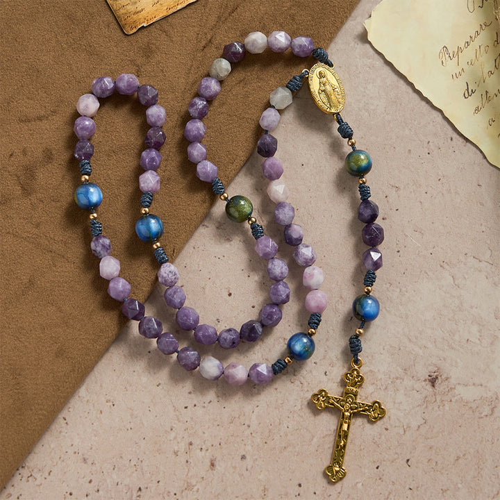 Christianartworkshop Diamond-Cut Purple Lepidolite Rosary: Emblem of Divine Peace & Marian Grace - Our Lady & Crucifix - image 0