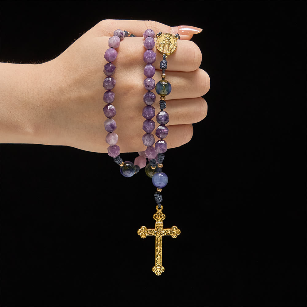Christianartworkshop Diamond-Cut Purple Lepidolite Rosary: Emblem of Divine Peace & Marian Grace - image 1
